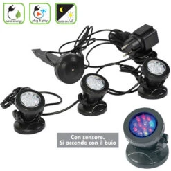 Set 3 Faretti Per Laghetto Con Sensore Di Accensione Sommergibili Led 3000