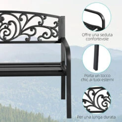 Outsunny Panchina Da Giardino In Metallo Con Schienale Decorato, 127x60x87cm - Nero -Giardino di Lusso 49919288 5