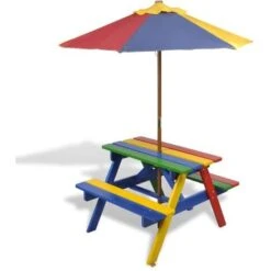 Tavolo E Panchine Per Bambini Con Parasole Legno Multicolore