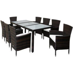 Poly Rattan Set 8 Sedie Impilabili + Tavolo Con Ciscini Di 7cm Copritavolo In Vetro Satinato Set Di Sedie E Tavolo Set Di Mobili Da Giardino Set Marrone -Giardino di Lusso 51758568 2