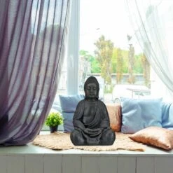 Relaxdays Statua Del Buddha Seduto XL, 50 Cm, Feng Shui, Per Esterni, Decorativa, Grigio Chiaro -Giardino di Lusso 51972972 5