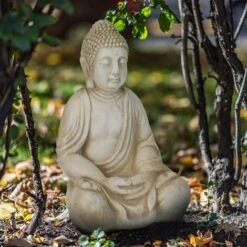 Relaxdays Buddha, Figura Da Giardino, Resistente Alle Intemperie, Buddha Seduto, Ossido Di Magnesio, 50x33x26 Cm, Crema -Giardino di Lusso 51984029 5