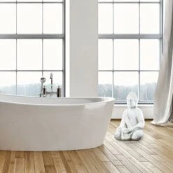 Relaxdays Statua Del Buddha Seduto, Figura Da Giardino Alta 50 Cm, Resistente Alle Intemperie E Gelo, Poliresina, Bianco -Giardino di Lusso 53442938 2