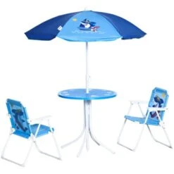 Outsunny Tavolo E Sedie Per Bambini Da Giardino Con Ombrellone Regolabile, Set 4 Pezzi, Età 3-6 Anni, Blu