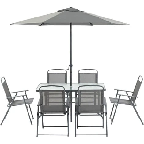 Outsunny Set Tavolo Con 6 Sedie Pieghevoli E Ombrellone, Piano In Vetro E Sedute In Tessuto, Grigio 3 Outsunny Set Tavolo Con 6 Sedie Pieghevoli E Ombrellone, Piano In Vetro E Sedute In Tessuto, Grigio