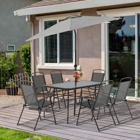 Outsunny Set Tavolo Con 6 Sedie Pieghevoli E Ombrellone, Piano In Vetro E Sedute In Tessuto, Grigio 4 Outsunny Set Tavolo Con 6 Sedie Pieghevoli E Ombrellone, Piano In Vetro E Sedute In Tessuto, Grigio - immagine 2