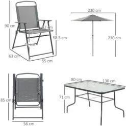 Outsunny Set Tavolo Con 6 Sedie Pieghevoli E Ombrellone, Piano In Vetro E Sedute In Tessuto, Grigio 9 Outsunny Set Tavolo Con 6 Sedie Pieghevoli E Ombrellone, Piano In Vetro E Sedute In Tessuto, Grigio -Giardino di Lusso 53517172 3