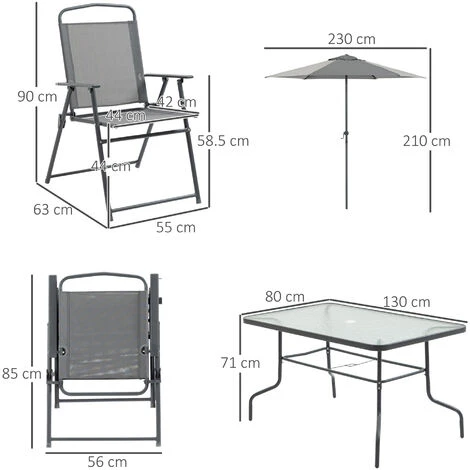 Outsunny Set Tavolo Con 6 Sedie Pieghevoli E Ombrellone, Piano In Vetro E Sedute In Tessuto, Grigio 5 Outsunny Set Tavolo Con 6 Sedie Pieghevoli E Ombrellone, Piano In Vetro E Sedute In Tessuto, Grigio - immagine 3