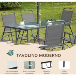 Outsunny Set Tavolo Con 6 Sedie Pieghevoli E Ombrellone, Piano In Vetro E Sedute In Tessuto, Grigio 10 Outsunny Set Tavolo Con 6 Sedie Pieghevoli E Ombrellone, Piano In Vetro E Sedute In Tessuto, Grigio -Giardino di Lusso 53517172 4