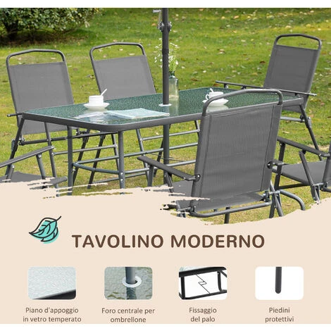 Outsunny Set Tavolo Con 6 Sedie Pieghevoli E Ombrellone, Piano In Vetro E Sedute In Tessuto, Grigio 6 Outsunny Set Tavolo Con 6 Sedie Pieghevoli E Ombrellone, Piano In Vetro E Sedute In Tessuto, Grigio - immagine 4