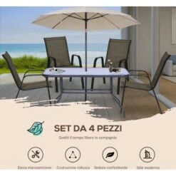Outsunny Set 4 Pezzi Sedie Da Giardino Con Braccioli, Sedie Da Esterno Impilabili In Metallo E Tessuto Traspirante, Marrone -Giardino di Lusso 53540854 4