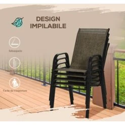 Outsunny Set 4 Pezzi Sedie Da Giardino Con Braccioli, Sedie Da Esterno Impilabili In Metallo E Tessuto Traspirante, Marrone -Giardino di Lusso 53540854 5