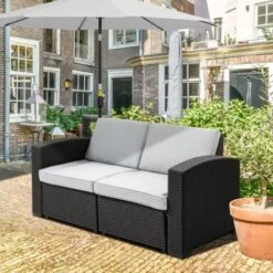 Outsunny Divano Da Esterno A 2 Posti Da In PP Plastica Ad Effetto Rattan, Divano Da Giardino Con Cuscini Rimovibili E Lavabili, Grigio E Nero -Giardino di Lusso 54558091 2