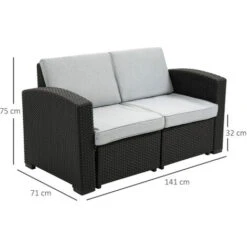 Outsunny Divano Da Esterno A 2 Posti Da In PP Plastica Ad Effetto Rattan, Divano Da Giardino Con Cuscini Rimovibili E Lavabili, Grigio E Nero -Giardino di Lusso 54558091 3