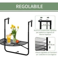 Outsunny Tavolo Da Ringhiera Pieghevole E Regolabile In Metallo, 60x60x57-72cm, Nero -Giardino di Lusso 54558155 4
