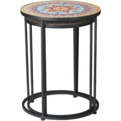 Outsunny Set Da Giardino 2 Tavoli Da Giardino In Metallo E Ceramica Con Piano A Mosaico, Ф41x53cm E Ф36x49.5cm