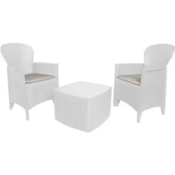 Set Salotto Da Esterno, Set Da Giardino Con 2 Poltrone Ed 1 Tavolino Contenitore, Salottino Effetto Rattan, 100% Made In Italy, Bianco