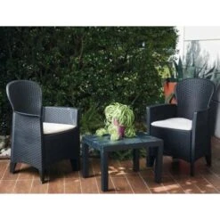 Set Salotto Da Esterno, Set Da Giardino Con 2 Poltrone Ed 1 Tavolino, Salottino Effetto Rattan Con Cuscini, 100% Made In Italy, Antracite -Giardino di Lusso 58337219 2
