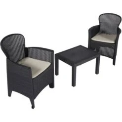Set Salotto Da Esterno, Set Da Giardino Con 2 Poltrone Ed 1 Tavolino, Salottino Effetto Rattan Con Cuscini, 100% Made In Italy, Antracite -Giardino di Lusso 58337219 4