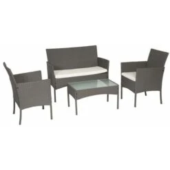 Mobili Da Giardino In Resina Intrecciata Grigia CORDOUE 4 Posti - Cuscini Crema