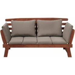 Panchina Legno Di Eucalipto Scuro Cuscini Grigi Braccioli Reclinabili Portici