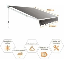 COSTWAY Tenda Da Sole Per Esterno Avvolgibile, Tenda Da Sole A Bracci Estensibili Con Telaio In Alluminio E Tettuccio Resistente Al Sole E Impermeabile E Manovella (245 X 200 Cm) -Giardino di Lusso 74661376 5