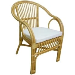 Poltrona Sedia Selangor In Vimini Bambù Rattan E Giunco Naturale Con Cuscino Per Casa Salotto Giardino