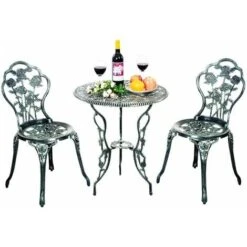 RELAX4LIFE Set Di Tavolo E 2 Sedie Da Giardino, Mobili In Fusione Di Alluminio E Ghisa Antiruggine, Stile Rococò Con Rose E Decorazioni Squisite, Tavolo E Sedie Da Esterno, Verde Scuro