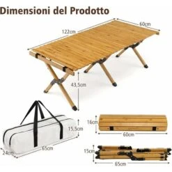 COSTWAY Tavolo Da Campeggio Pieghevole Di Bambù, Tavolo Da Picnic Leggero Con Borsa Di Trasporto, Tavolo Da Esterno Per Campeggio, Trekking, Pesca E Barbecue, 122 X 60 X 43,5 Cm (Naturale) -Giardino di Lusso 80593974 5