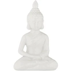 Relaxdays Statua Del Buddha Seduto, Figura H:17 Cm, Per Interni Ed Esterni, Resistente Alle Intemperie, Ceramica, Bianco