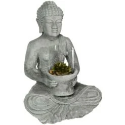 Buddha Di Cemento Con Candela H415 - Statua Di Buddha Seduto In Cemento, Colore Argento, Portacandele In Vetro, Candela In Cera - Atmosphera Créateur D'intérieur