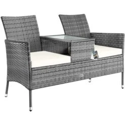 Casaria Panca Da Giardino 2 Posti Con Tavolino Polyrattan Cuscini 7cm Set Da Balcone Terrazza Per 2 Persone Vari Colori Grigio