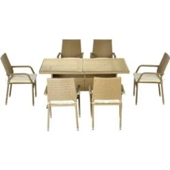 Outsunny Set Da Giardino In Rattan Da 7 Pezzi Con Tavolo Rettangolare E 6 Sedie Da Pranzo Con Cuscini Imbottiti, Color Sabbia E Beige