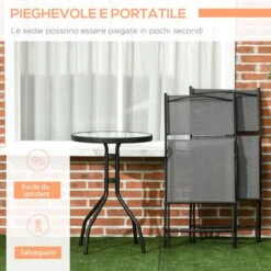 Outsunny Set Da Giardino 3 Pezzi In Acciaio Con 2 Sedie Pieghevoli In Tessuto A Rete Traspirante E Tavolo Da Giardino Rotondo Dal Piano In Vetro Temperato -Giardino di Lusso 87900986 4