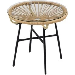 Outsunny Tavolino Da Giardino In Rattan PE E Vetro, Tavolino Da Caffè Rotondo Per Balcone E Terrazza, Ø50x50cm, Beige