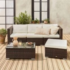 Salotto Da Giardino In Resina Per 4 Persone - Torino - Resina Marrone E Cuscini Ecrù