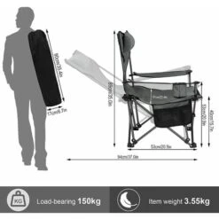 WOLTU Sedia Da Campeggio Pieghevole Sedia Da Pesca Reclinabile Con Poggiatesta. Portabicchieri. Tasca E Borsa Da Trasporto. Per Spiaggia. Picnic. Carico Max. 150 Kg. Grigio -Giardino di Lusso 90500499 3