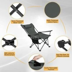 WOLTU Sedia Da Campeggio Pieghevole Sedia Da Pesca Reclinabile Con Poggiatesta. Portabicchieri. Tasca E Borsa Da Trasporto. Per Spiaggia. Picnic. Carico Max. 150 Kg. Grigio -Giardino di Lusso 90500499 5