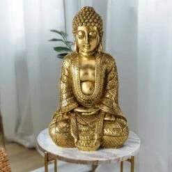 Figura Di Buddha Soggiorno Figura Decorativa Decorazione Della Casa, Scultura Asiatica, Resina Sintetica Oro, LxLxA 12x10x20 Cm