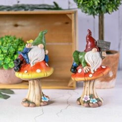 Gnomo Da Giardino Divertente Set Di 2 Nani Da Giardino Figura Sdraiata Su Funghi Resina Con Cartello Di Benvenuto Gnomo Da Giardino Statua Decorativa -Giardino di Lusso 92033784 5