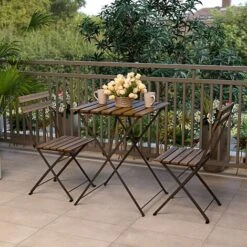 Set Bistrot 2 Sedie Con Tavolino Pieghevole Salvaspazio In Legno Di Acacia E Metallo Salottino Salotto Per Patio Giardino Balcone Veranda Esterno Piscina Terrazzo Arredo Design Semplice Marrone -Giardino di Lusso 92323841 3