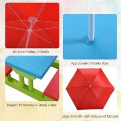 Giantex Tavolo Da Picnic, Set Di Tavolo E Sedie Per Bambini Con Parasole Pieghevole Per Giardino/Terezzo/Parco, Bambini Più Di 3 Anni (Verde + Rosso + Blu) -Giardino di Lusso 94494649 5