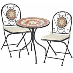 Set Tavolo + Sedie Pieghevoli Mosaico Arredo Esterno Giardino Metall Con Cuscino