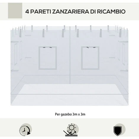 Outsunny Parete Per Gazebo 3x3 In Nylon, Set 3 Pezzi Zanzariera Con 6 Finestre E Porta Con Cerniera, 300Lx195 Cm 6 Outsunny Parete Per Gazebo 3x3 In Nylon, Set 3 Pezzi Zanzariera Con 6 Finestre E Porta Con Cerniera, 300Lx195 Cm - immagine 4