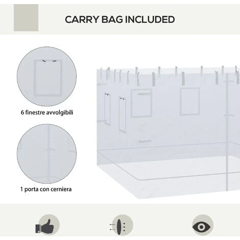 Outsunny Parete Per Gazebo 3x3 In Nylon, Set 3 Pezzi Zanzariera Con 6 Finestre E Porta Con Cerniera, 300Lx195 Cm 7 Outsunny Parete Per Gazebo 3x3 In Nylon, Set 3 Pezzi Zanzariera Con 6 Finestre E Porta Con Cerniera, 300Lx195 Cm - immagine 5