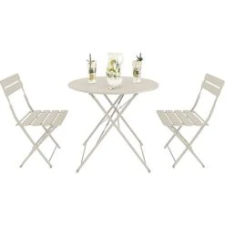 Set Bistrot 2 Sedie Con Tavolino Pieghevole Salvaspazio Salottino Salotto In Acciaio Per Patio Giardino Balcone Veranda Esterno Piscina Terrazzo Arredo Design Retro Industrial Beige -Giardino di Lusso 96446025 3