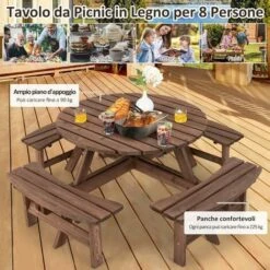 COSTWAY Set Di Tavolo E Panche Da Giardino In Legno Per 8 Persone Con Foro Ombrellone, Tavolo Rotondo E 4 Sedie Lunghe Resistenti Alle Intemperie Da Giardino Esterno Prato, Ogni Panca Regge 225 KG -Giardino di Lusso 96751353 3