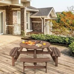 COSTWAY Set Di Tavolo E Panche Da Giardino In Legno Per 8 Persone Con Foro Ombrellone, Tavolo Rotondo E 4 Sedie Lunghe Resistenti Alle Intemperie Da Giardino Esterno Prato, Ogni Panca Regge 225 KG -Giardino di Lusso 96751353 5