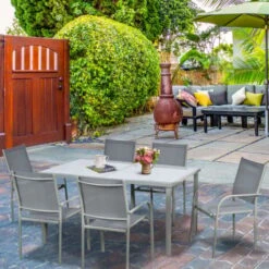 Outsunny Set Da Giardino Con Tavolo In Vetro Temperato E 6 Sedie Con Tessuto A Rete, Grigio -Giardino di Lusso 96925608 2