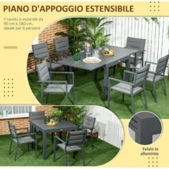 Outsunny Set Da Giardino Con Tavolo Allungabile In Alluminio E 6 Sedie Con Seduta Traspirante, Grigio -Giardino di Lusso 96925637 4